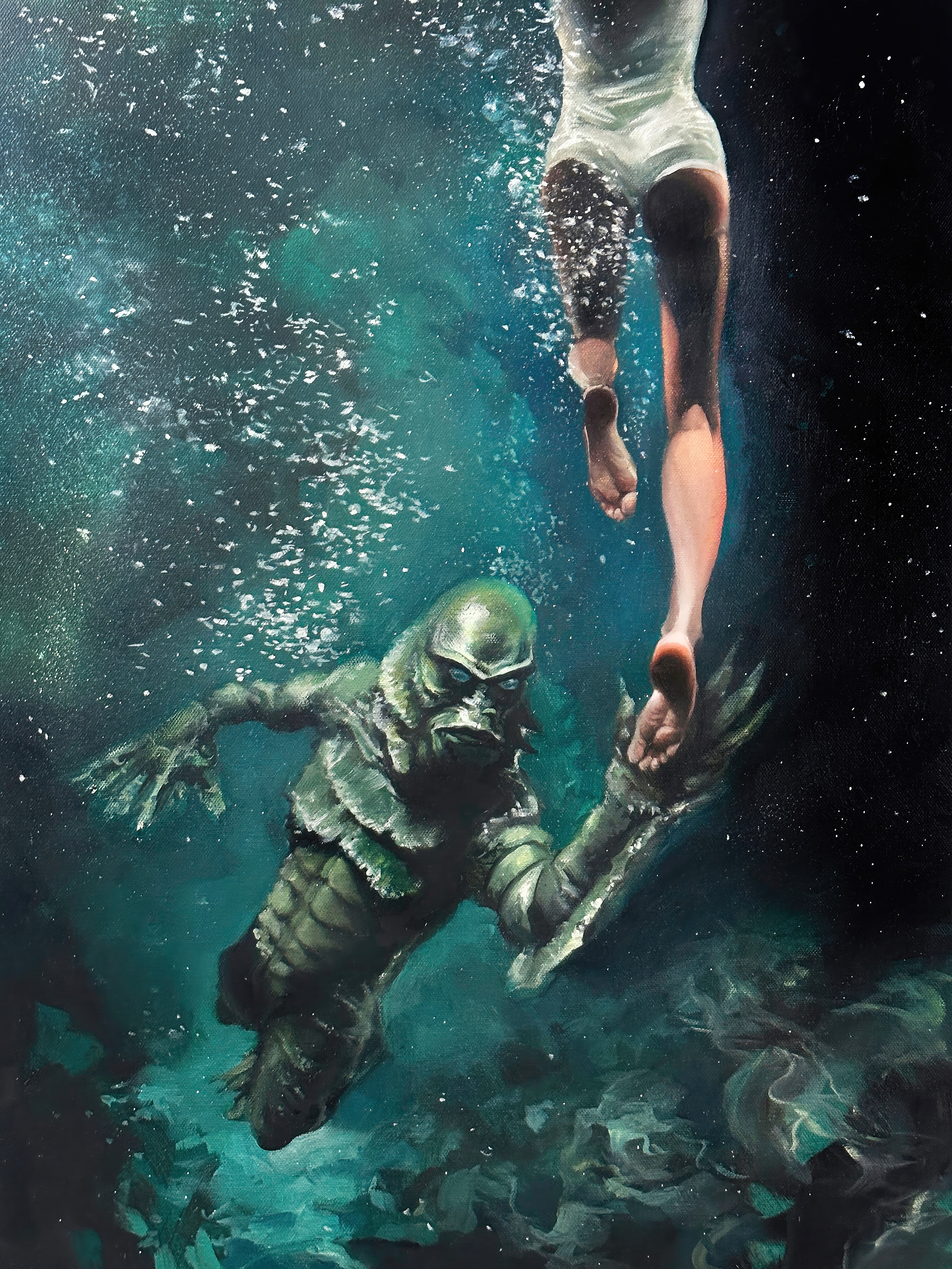 Underwater art print of a woman and a sea creature in love — Two Worlds Apart by Marty Engle