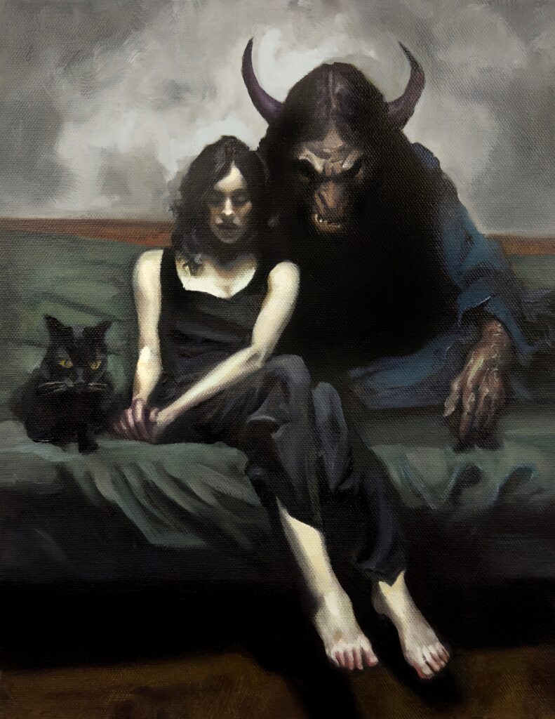 Dark art print of a woman at peace among her demons — Comfortable with My Demons by Marty Engle