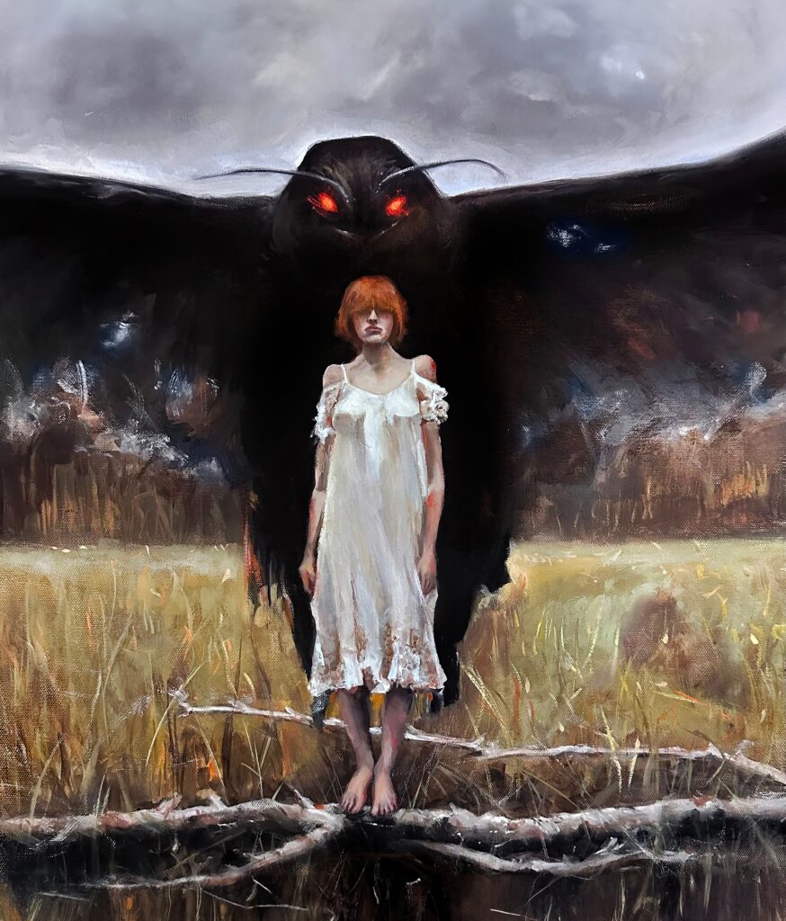 Gothic oil painting art print of a young girl sensing Mothman behind her — Mothman: Prophetic Whispers by Marty Engle