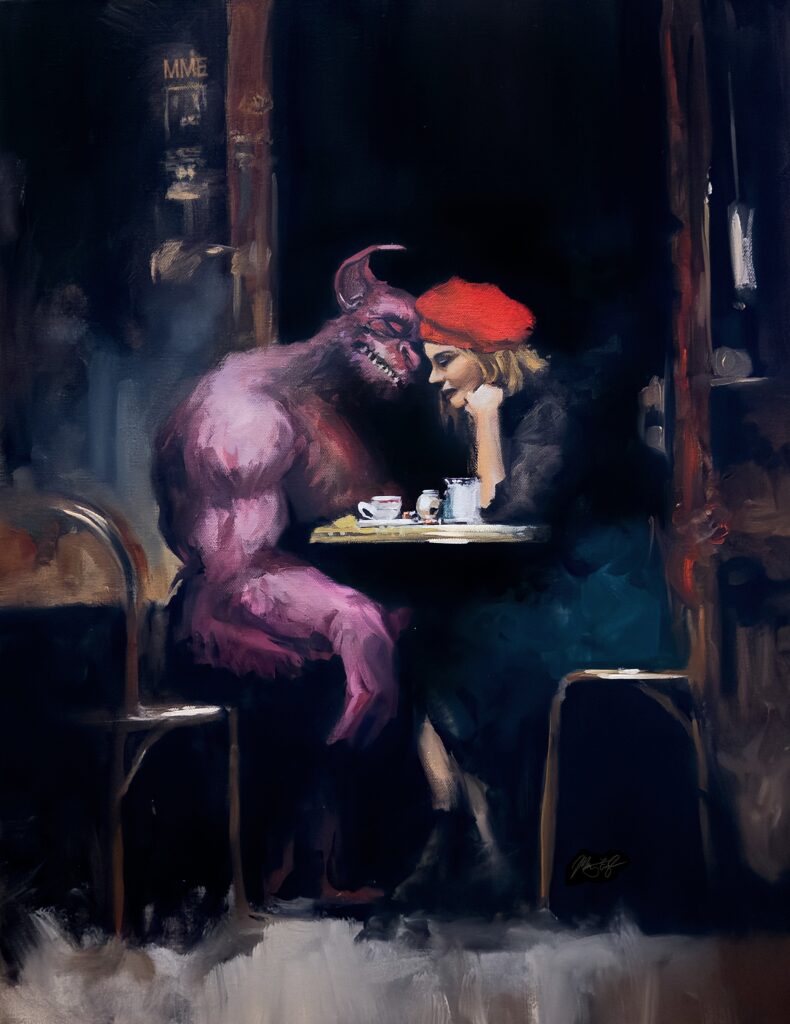 Gothic romance art print of a café tryst with an unseen beast — So This is Love by Marty Engle