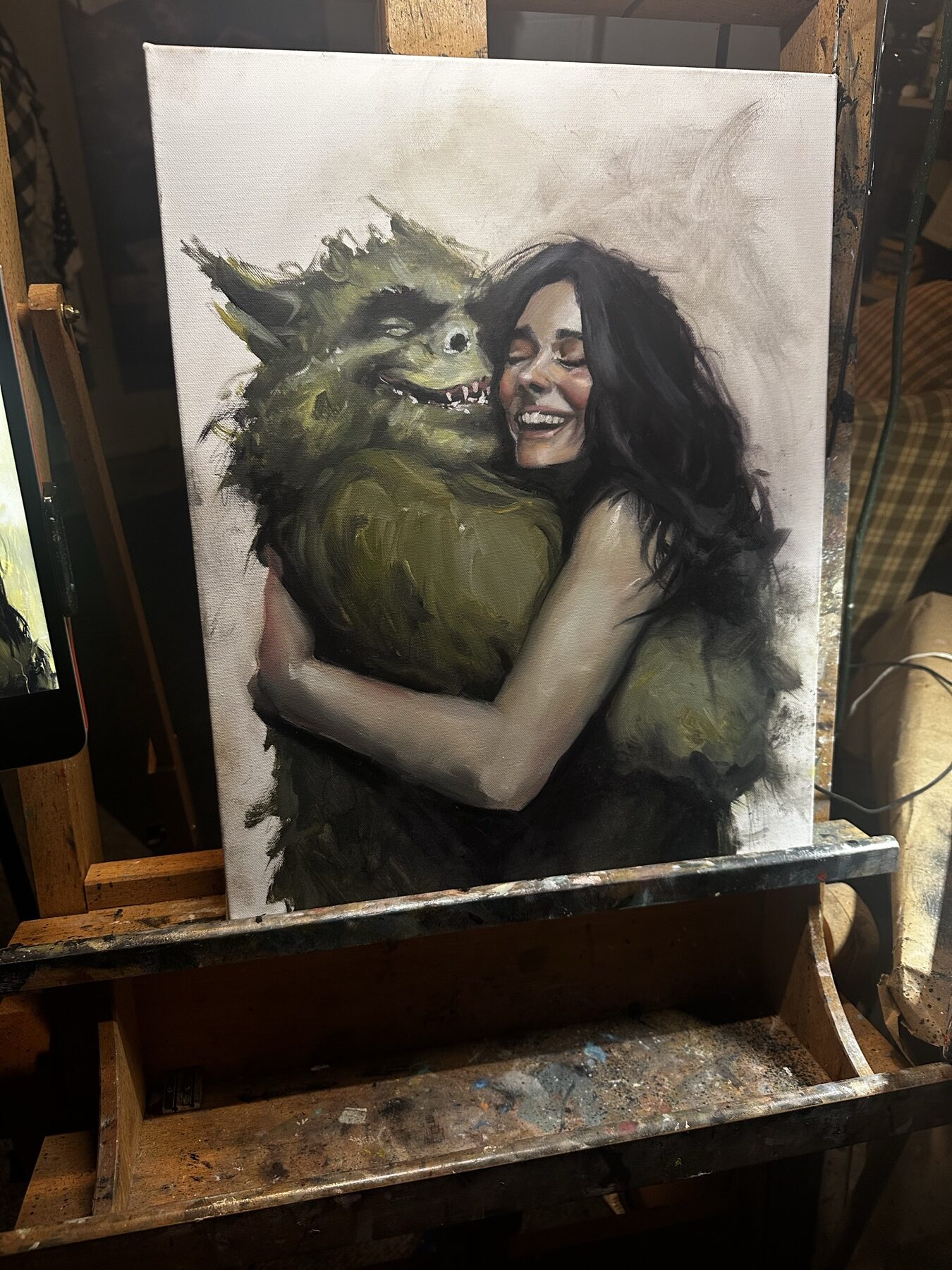 Oil painting on an easel in Marty Engle studio