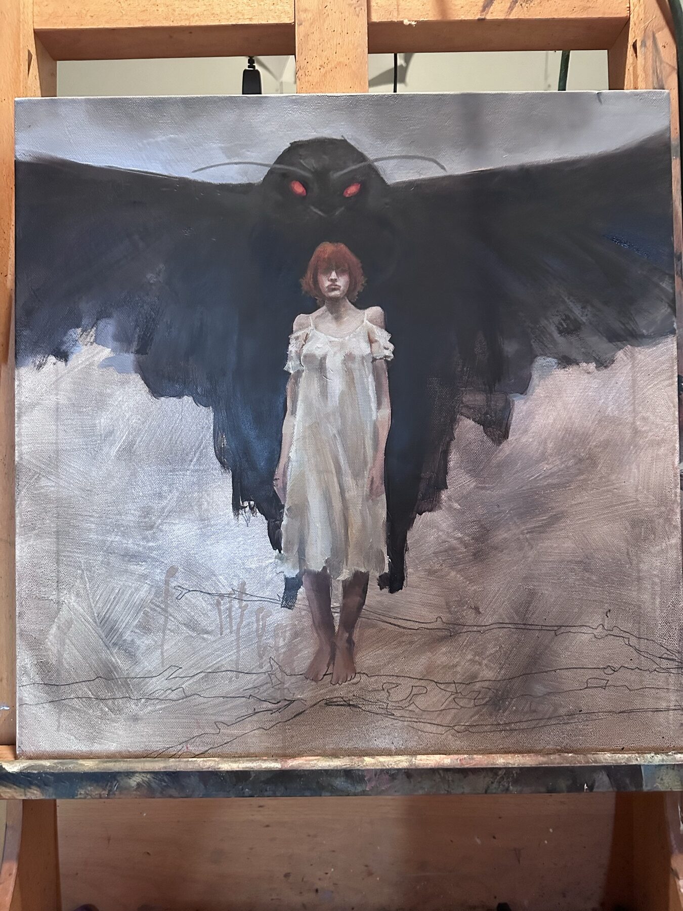 Mothman oil painting progress in Marty Engle studio